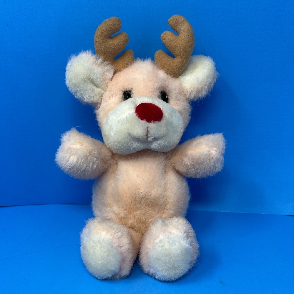 Russ Reindeer Baby‎ Rattle Plush Peach Red Nose Antlers Holiday NurseryToy 8"